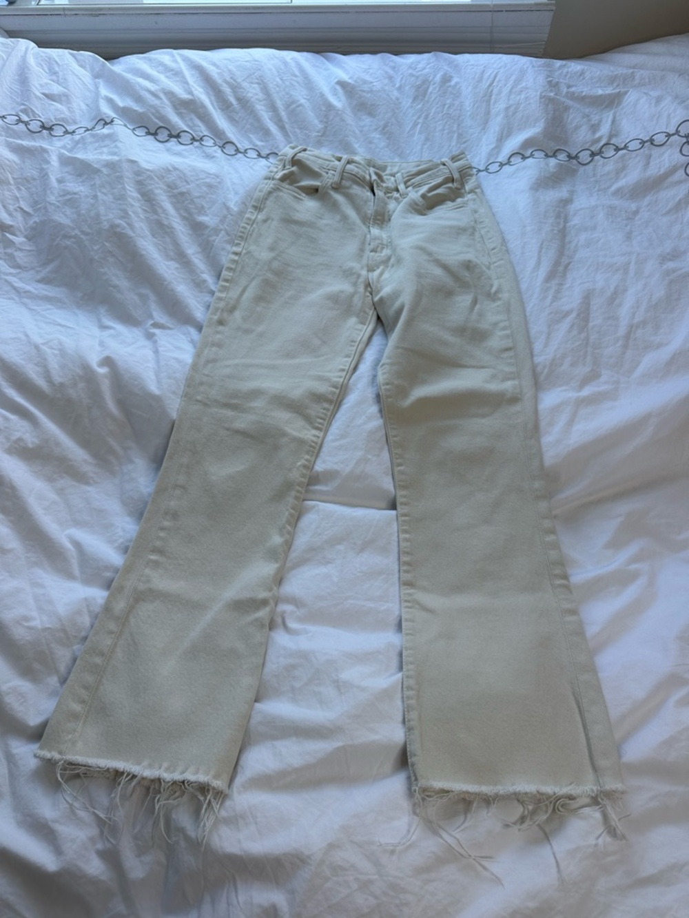 MOTHER Cream High-Rise Flare Jeans with Raw Hem